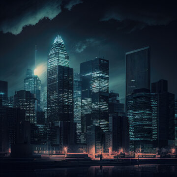 Futuristic Downtown Cityscape with Glowing Skyscrapers and River Reflection. AI Generative