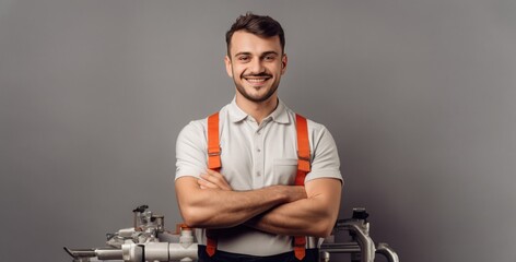 Plumber in white uniform and orange suspenders with crossed arms, smiling and friendly, neutral solid background - obrazy, fototapety, plakaty
