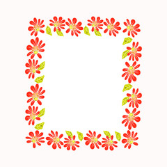 Cute stylised floral frame with red flowers, leaves isolated on white background. Vector hand drown illustration. Suitable for decor, cards, invitation, logo, various design