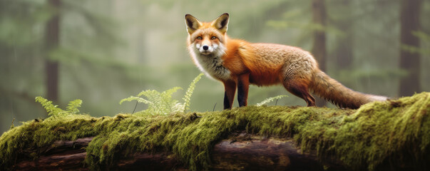 Obraz premium An adult fox on an old tree in a dense forest.generative ai