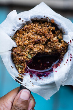 Blueberrie crumble in a small cast iron pan