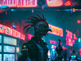 Galo robô Cybre Punk com um pato robô atrás dele