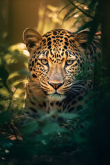 Close-up portrait of a leopard in nature. Generative AI.