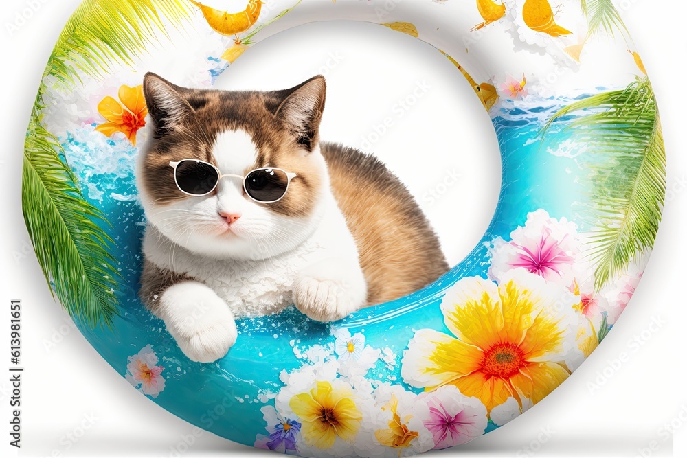 Poster backdrop of a charming amusing kitten cat in a swimming ring during the summer, isolated on a white 