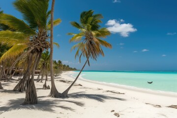 Obraz na płótnie Canvas A lovely Caribbean beach with palm trees. Saona Island in the Dominican Republic. Background knowledge about holiday travel. Generative AI