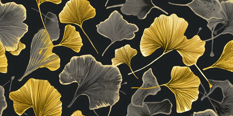 elegant seamless pattern of golden and gray ginkgo leaves  in chalk paint design on black  background