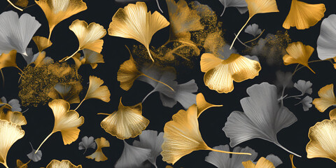 elegant seamless pattern of golden and gray ginkgo leaves  in chalk paint design on black  background