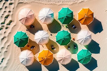 Aerial image of a beach with golden sand, white sun umbrellas, and multicolored beach towels. Summer is kept to a minimum. Generative AI