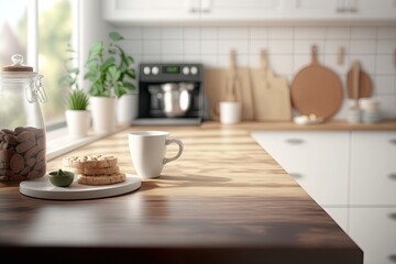 Naklejka na ściany i meble cozy kitchen scene with freshly baked cookies and coffee on the counter. Generative AI