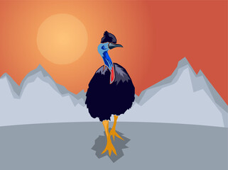 Australian Cassowary on a stylized mountain background, Vector illustration 