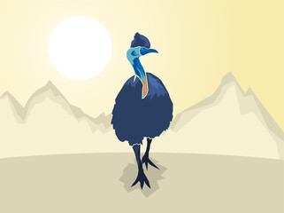 Australian Cassowary on a stylized mountain background, Vector illustration 