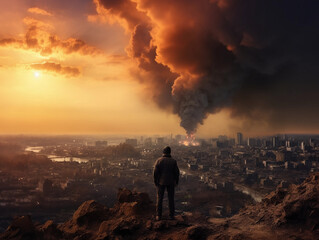 man looks at an explosion