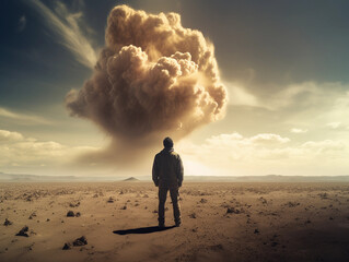 man in desert looks on a smokecloud