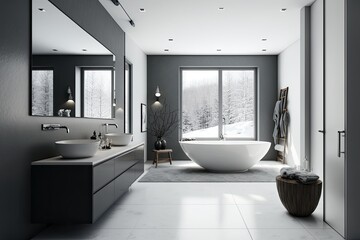 Fototapeta na wymiar spacious bathroom with a luxurious bathtub and elegant sink. Generative AI