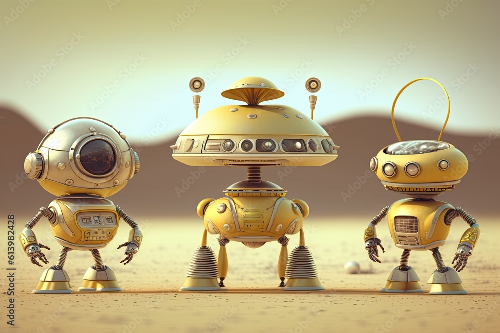 Poster three futuristic robots standing in a row. generative ai