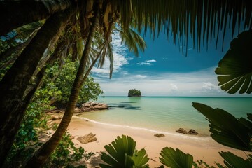 Obraz na płótnie Canvas A tropical beach and palm tree leaves. Generative AI