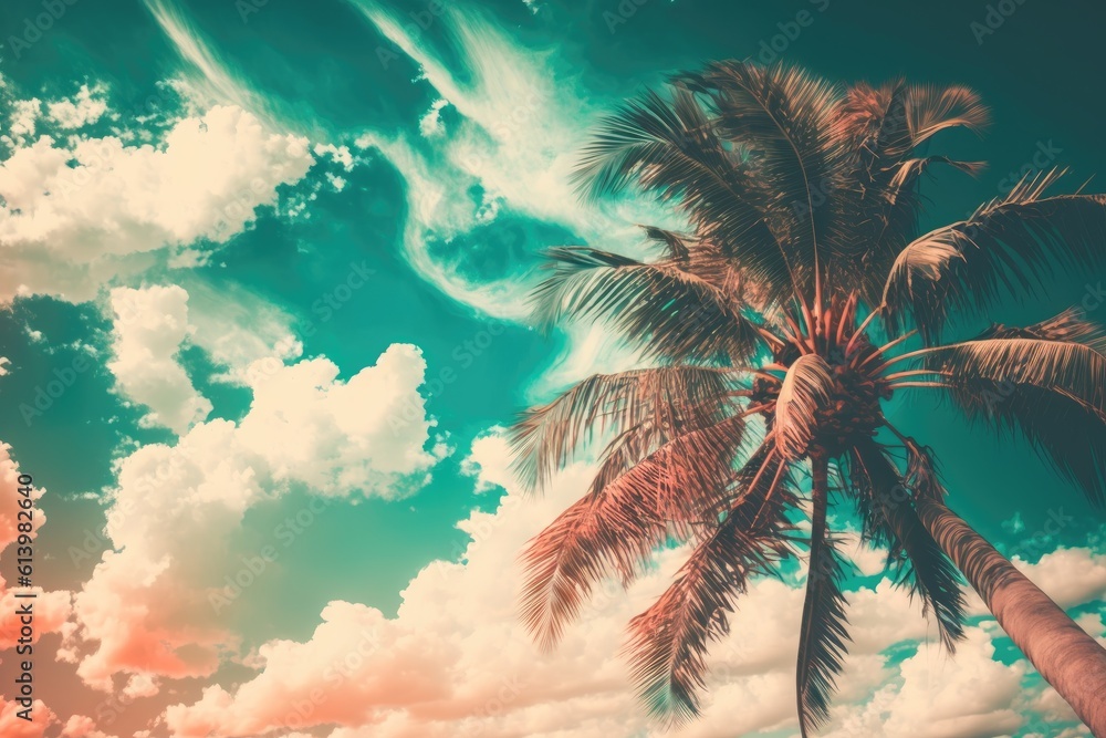 Poster abstract palm tree in a tropical setting with a cloudy sky. theme of summer vacation and outdoor fun
