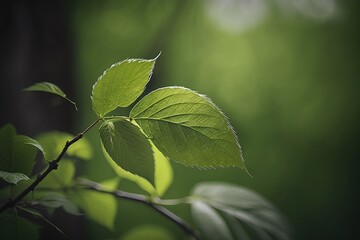 vibrant green leaf on a tree branch. Generative AI