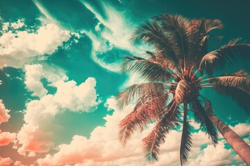 Abstract palm tree in a tropical setting with a cloudy sky. Theme of summer vacation and outdoor fun. pastel tone filter impact on the color style. Generative AI