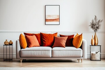 modern living room with a white couch and orange accent pillows. Generative AI