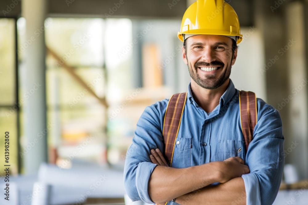 Poster smiling constructor worker wearing a hard hat and holding blueprints, constructor worker, builder, l