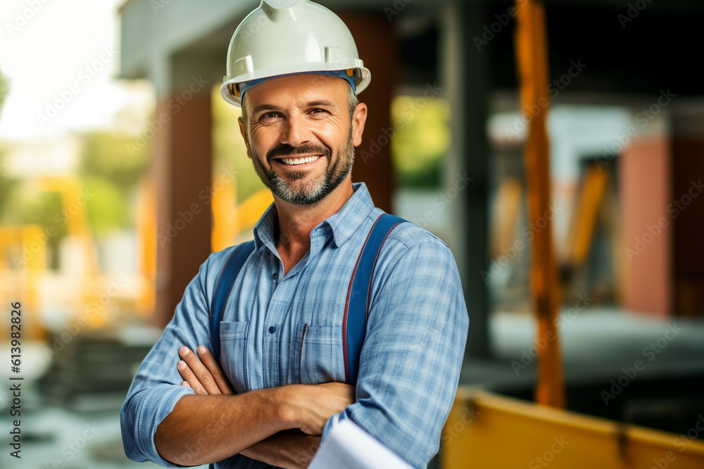 Poster constructor worker holding a blueprint and discussing plans, constructor worker, builder, labor day 