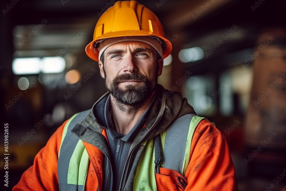Poster portrait of a confident constructor worker against a construction site backdrop, constructor worker,