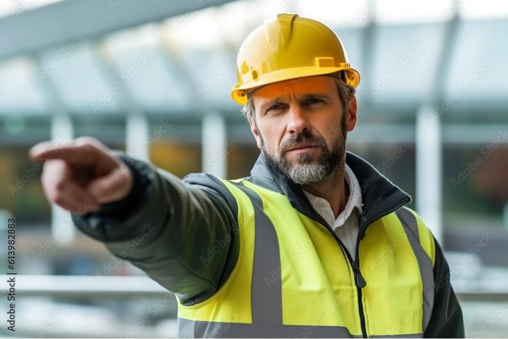Aufkleber constructor worker pointing towards a construction project, constructor worker, builder, labor day g