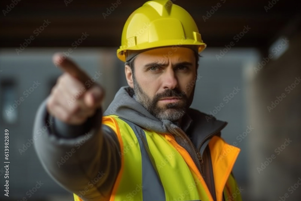 Poster constructor worker pointing towards a construction project, constructor worker, builder, labor day g