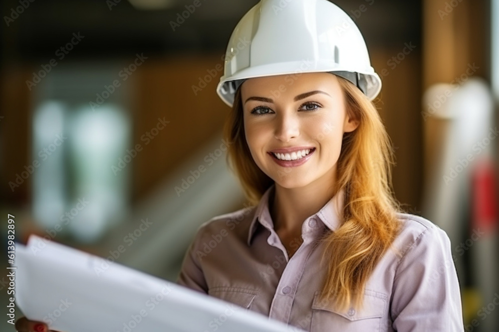 Poster Smiling female constructor worker with a blueprint in hand, constructor worker, Labor day Generative AI