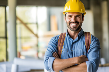 Smiling constructor worker wearing a hard hat and holding blueprints, constructor worker, builder, Labor Day Generative AI