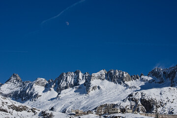 Adamello mountain range, Province of Brescia, Italy - In the photo, below: the buildings near the Salarno hydroelectric dam. 