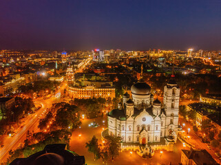 Night summer Voronezh cityscape. Annunciation Cathedral and Tower of management of south-east railway