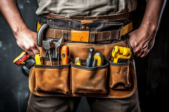 Builder with a tool belt and tools hanging from it, constructor worker, builder, Labor day Generative AI