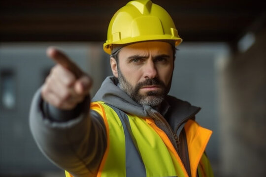 Constructor worker pointing towards a construction project, constructor worker, builder, Labor day Generative AI