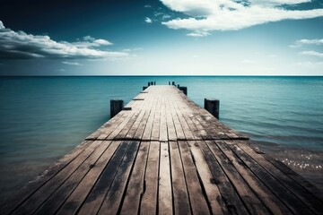 Beautiful ocean with a deserted wooden pier that gives a peaceful and tranquil feeling. Generative AI