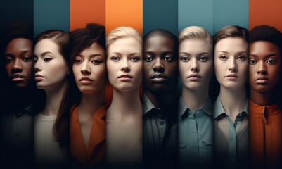 Full face shots of diverse group of people of same age but of different ethnicities. Ai generative