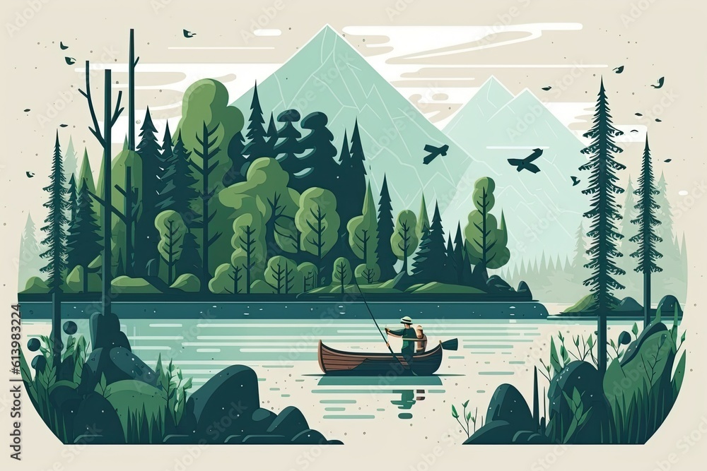 Wall mural serene boat floating on a still lake surrounded by lush green forest. generative ai