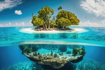 Fototapeta na wymiar A Tropical Island And A Coral Reef With A Waterline. Generative AI