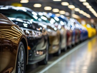 A close - up shot of a line of newly manufactured cars in a factory, showcasing their sleek and shiny exteriors. Generative AI