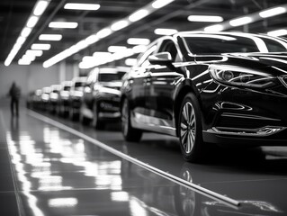 A close - up shot of a line of newly manufactured cars in a factory, showcasing their sleek and shiny exteriors. Generative AI