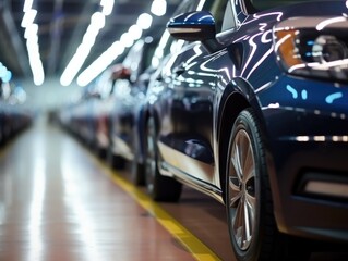 A close - up shot of a line of newly manufactured cars in a factory, showcasing their sleek and shiny exteriors. Generative AI - obrazy, fototapety, plakaty