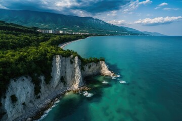 Fototapeta premium A lovely view of the Black Sea shoreline. Tuapse Russia, Kiselev Rock. Drone view of rocks, nature, sea and water. Generative AI