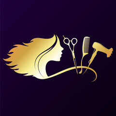 Golden silhouette of a girl with curls of hair and a hairdressing tool. Beauty salon and nail salon design