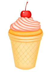 Cupcake cone with cream and cherry watercolor illustration