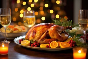 A close - up shot of a perfectly roasted Christmas turkey placed on a beautifully decorated serving platter. Generative AI