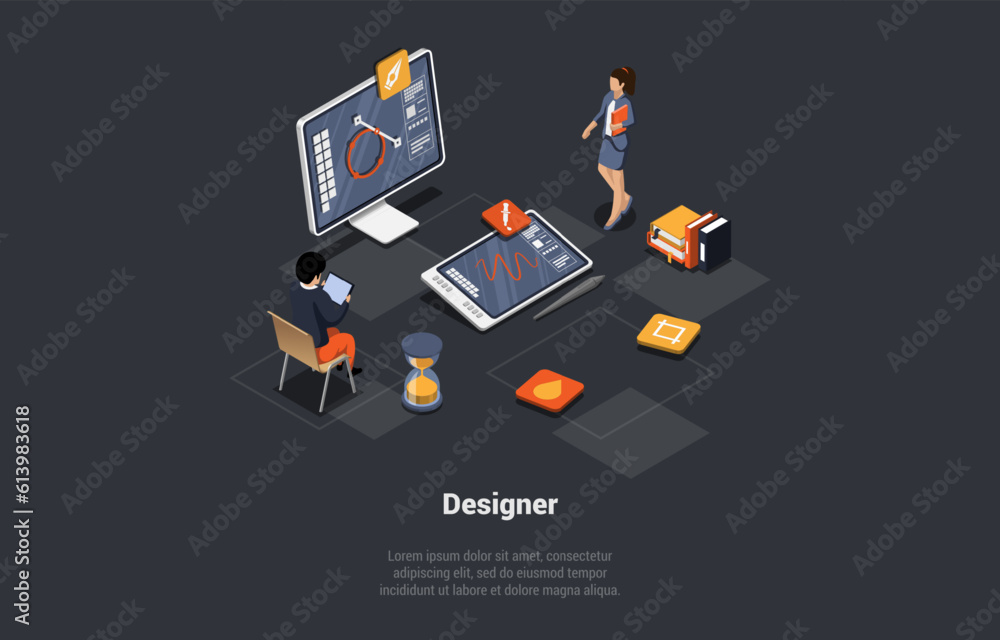 Poster concept of 3d design and freelance work. creative team of graphic designers. male and female charact