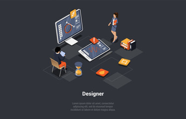 Concept Of 3D Design And Freelance Work. Creative Team Of Graphic Designers. Male And Female Characters Are Making Mock up Of Item On Computer. School For Web Design. Isometric 3d Vector Illustration