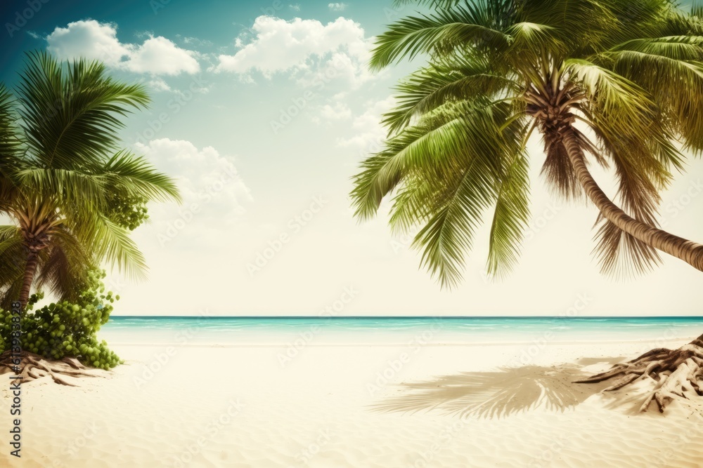Poster a beach with sand and palm trees in the background. summer free space image for your decorative need