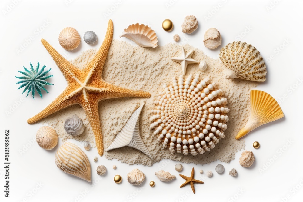 Poster from a lofty viewpoint, starfish and seashells are isolated on a white background. generative ai